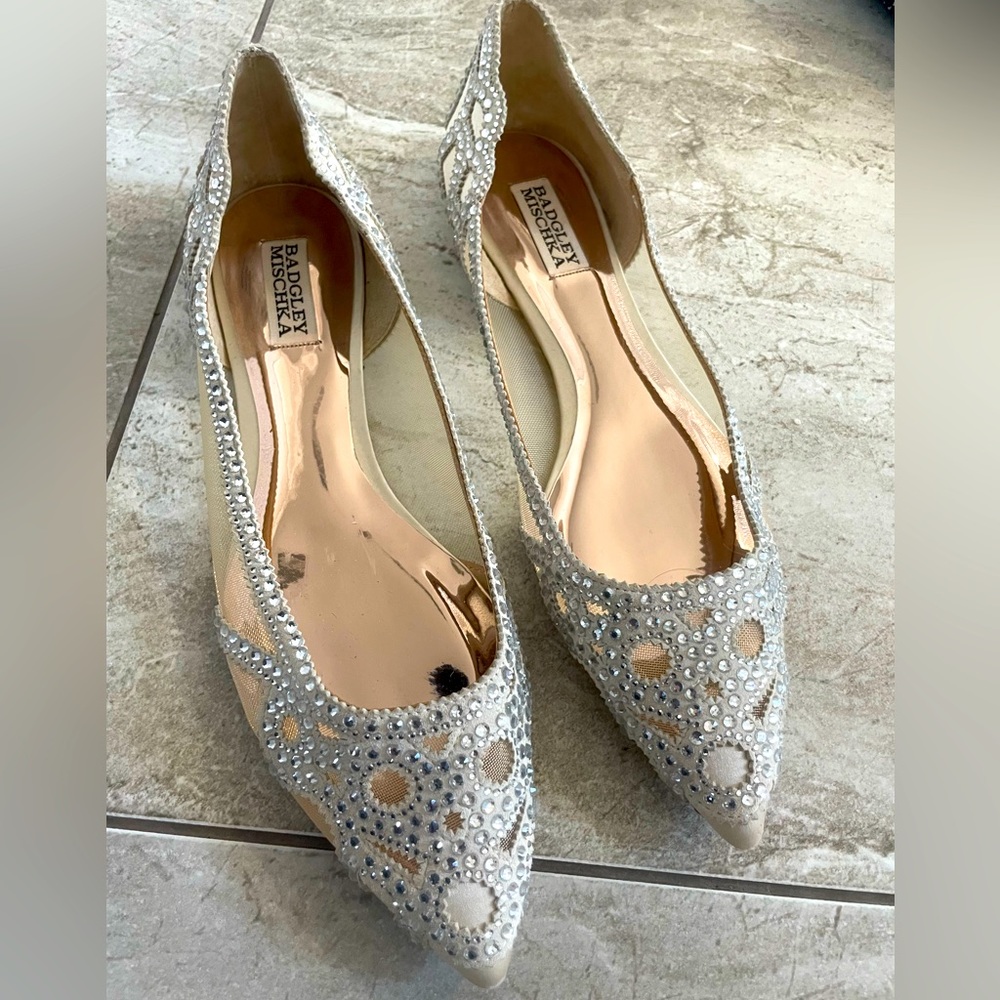 Badgley Mischka Gigi Crystal Pointed Toe Flat- Ivory Satin Bridal